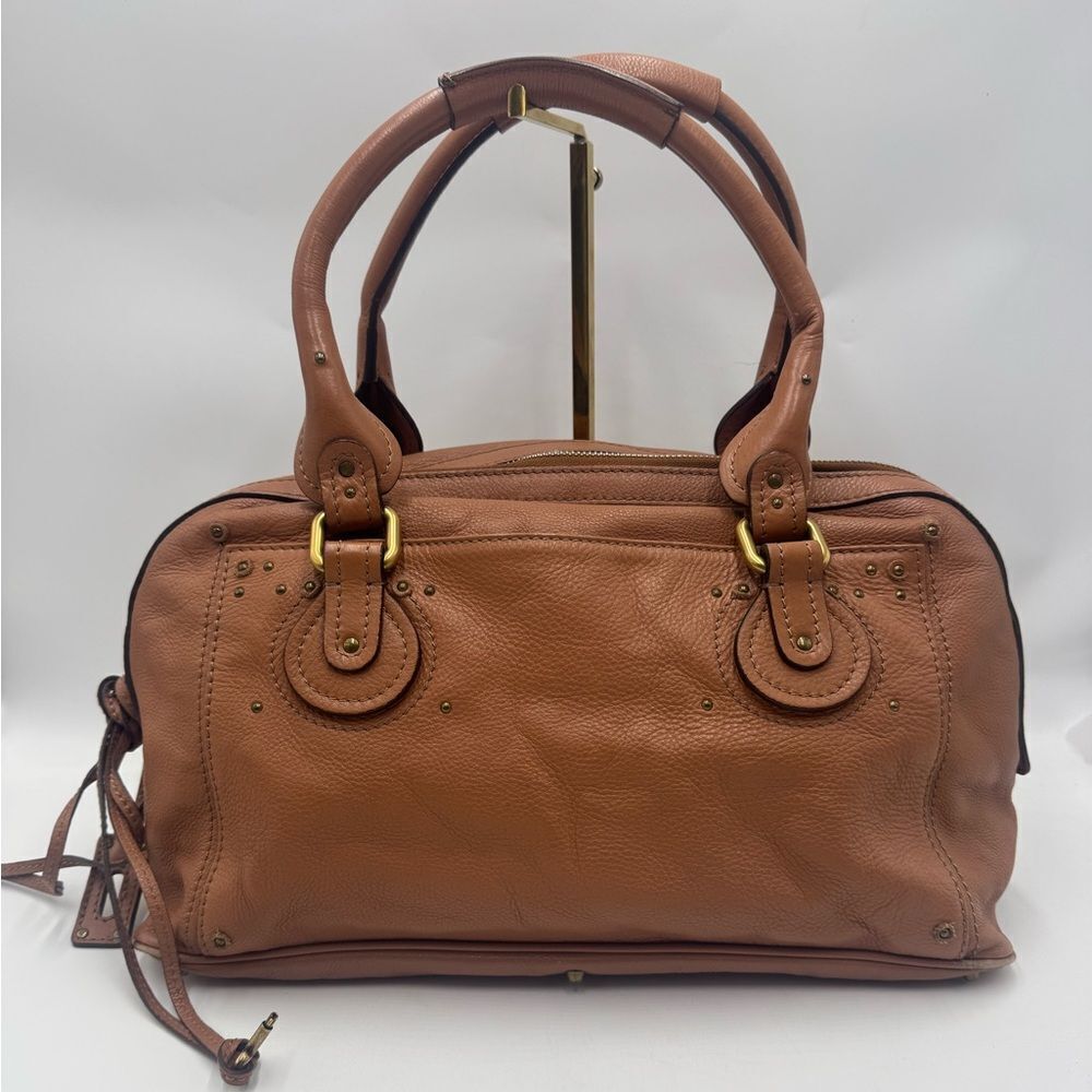 Auth Chloe Caramel Brown Leather Studded Auore Top Handle Duffel Tote Bag